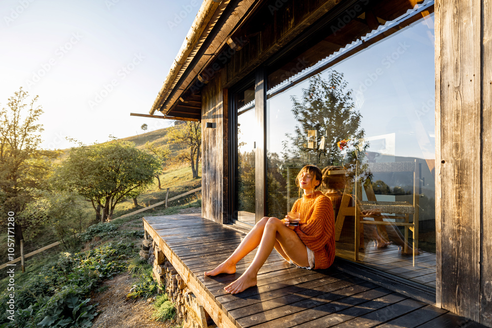 Woman in orange sweater sitting on a deck with her fluffy dog, enjoying the sunset in the countryside. Peaceful and cozy moment surrounded by nature