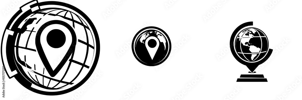 Black icon with globe and geo pin sign. Worldwide location. Black icon with globe and geo pin sign. Worldwide location.