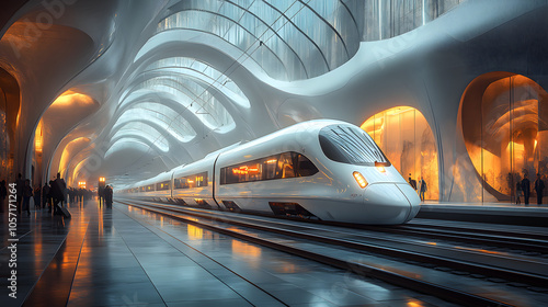 A Sleek Modern Train Station with Glass Ceilings and Clean Platforms, Showcasing Innovative Architecture and Efficient Transportation Design 