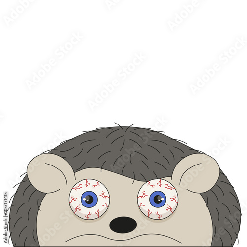 Hedgehog programmer with red busted capillaries eyelids. Sad Hedgehog with big eyes isolated white background. Funny vector illustration forest animal. 