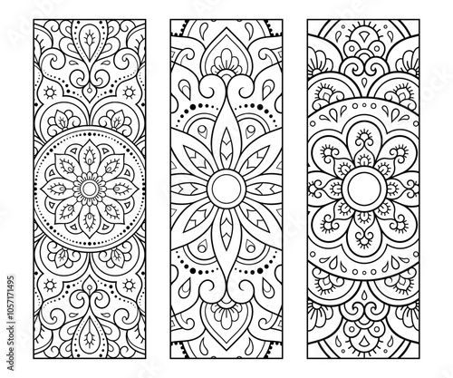 Printable bookmark for book - coloring. Set of black and white labels with flower patterns, hand draw in mehndi style. Sketch of ornaments for creativity of children and adults with colored pencils.