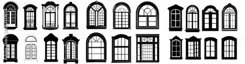 An architectural classic home design set of black window frames. Decorative buildings details.