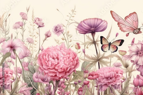 Butterfly Frame, Surrounded by Pink and Purple Flowers 