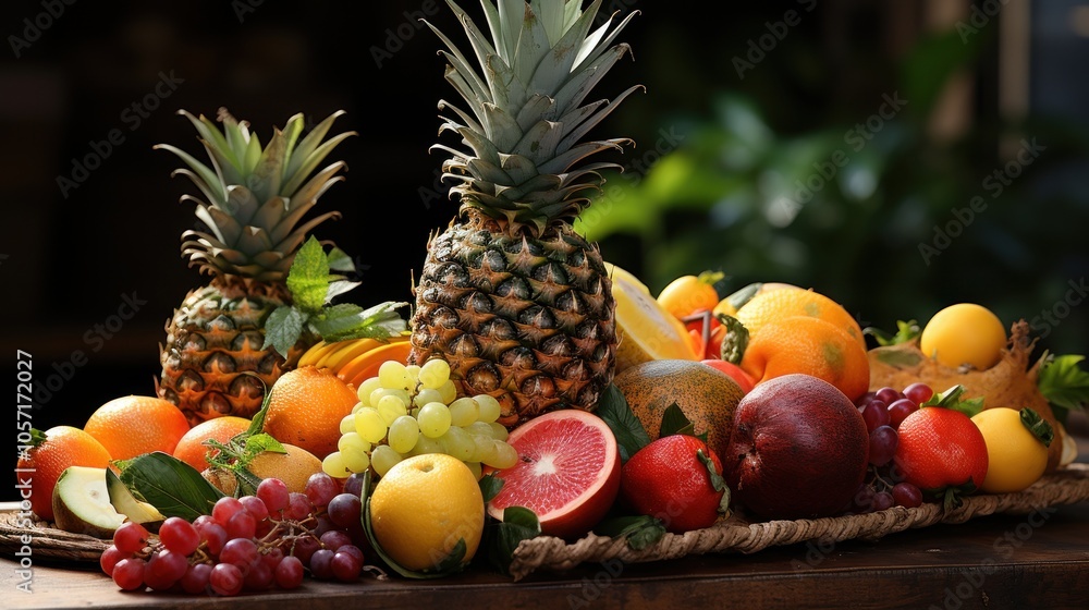 A vibrant display of assorted fresh fruits arranged artistically for visual appeal. A vibrant display of assorted fresh fruits arranged artistically for visual appeal.