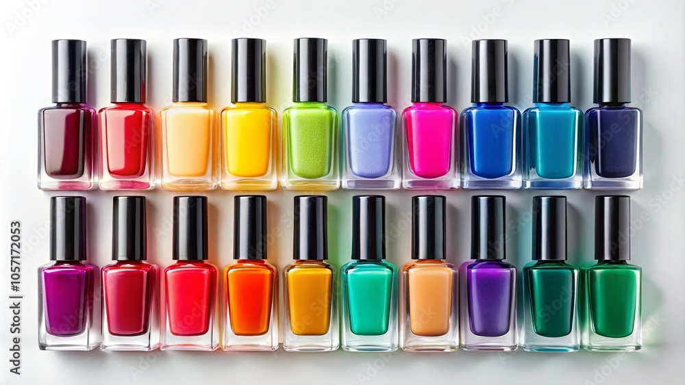 A spectrum of vibrant nail polish bottles arranged in two rows, showcasing a kaleidoscope of colors on a white background A spectrum of vibrant nail polish bottles arranged in two rows, showcasing a kaleidoscope of colors on a white background