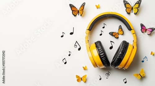 Vibrant Headphones Surrounded by Colorful Butterflies