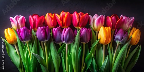 A vibrant arrangement of colorful tulips, a symphony of hues against a dark backdrop, capturing the essence of spring's arrival.