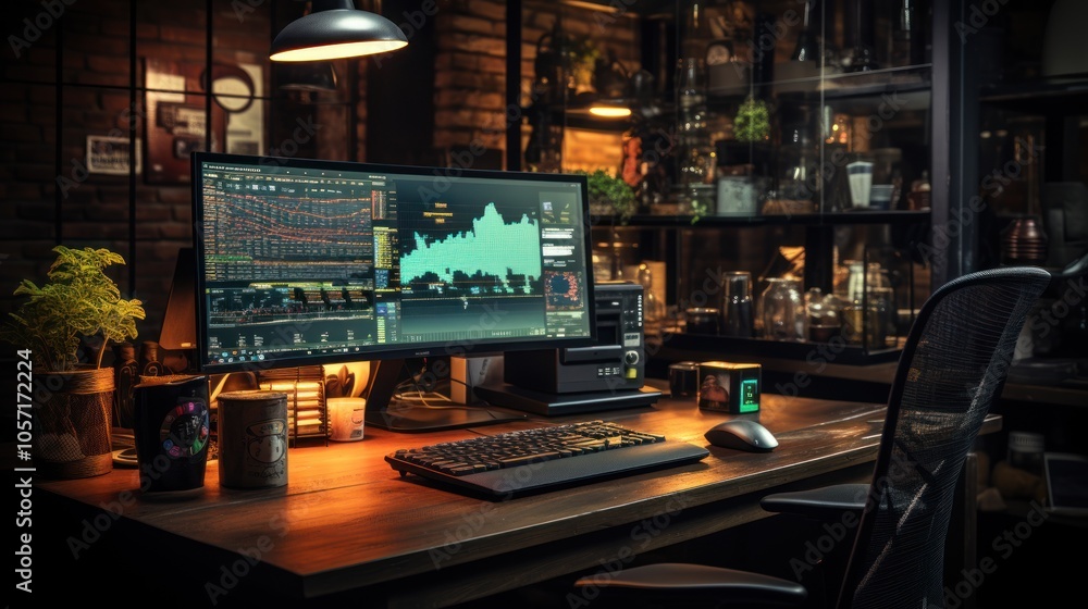 A modern workspace featuring a computer setup with data visualization and plants. A modern workspace featuring a computer setup with data visualization and plants.