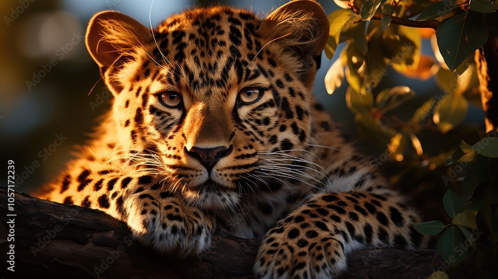 A close-up of a resting leopard with striking fur patterns in a natural setting. A close-up of a resting leopard with striking fur patterns in a natural setting.
