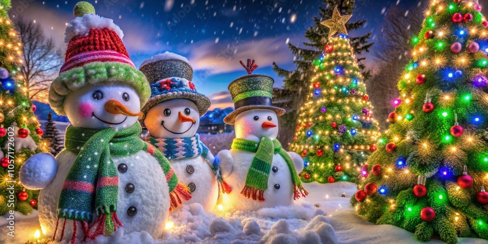 Fototapeta premium Snowmen Decoration in Winter Wonderland - Enchanting Winter Scene with Snow-Covered Trees and Festive Ornaments