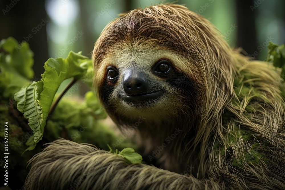 Fototapeta premium A close-up of a sloth nestled among green foliage, showcasing its gentle expression.
