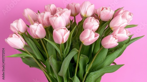 Pink Tulips Bouquet on Pink Background for Valentine s Day