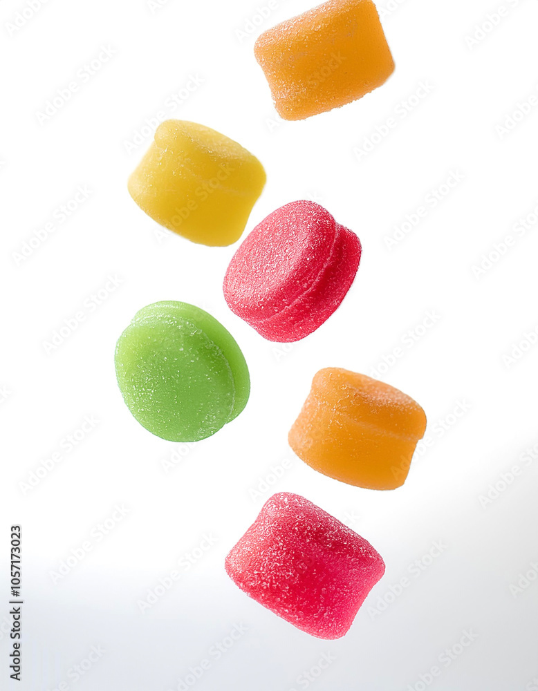 sugar coated gummy candies floating or flying isolated white background sugar coated gummy candies floating or flying isolated white background