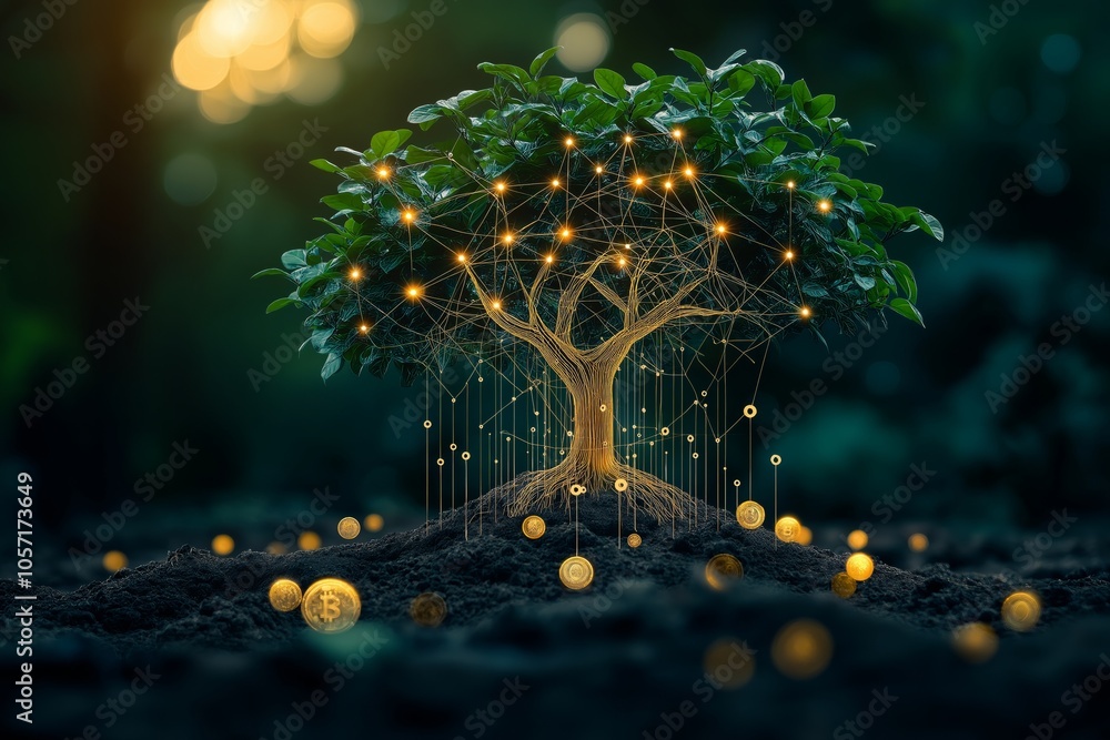 © Katsiaryna - Money tree growing from pile of coins with glowing light bulb on bokeh backgroun