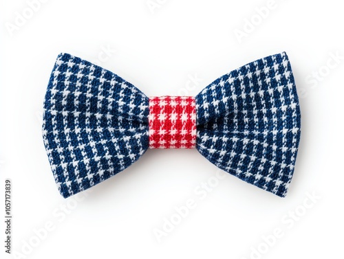 A stylish bow tie featuring a blue and white checkered pattern with a red center. photo