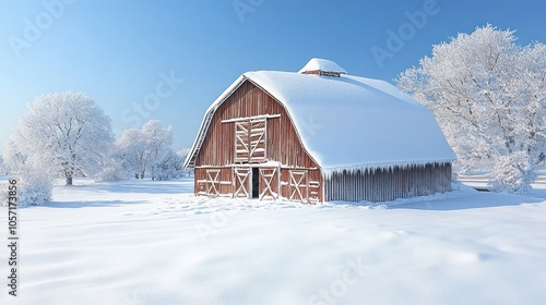 Snow-covered barn in a serene winter landscape.