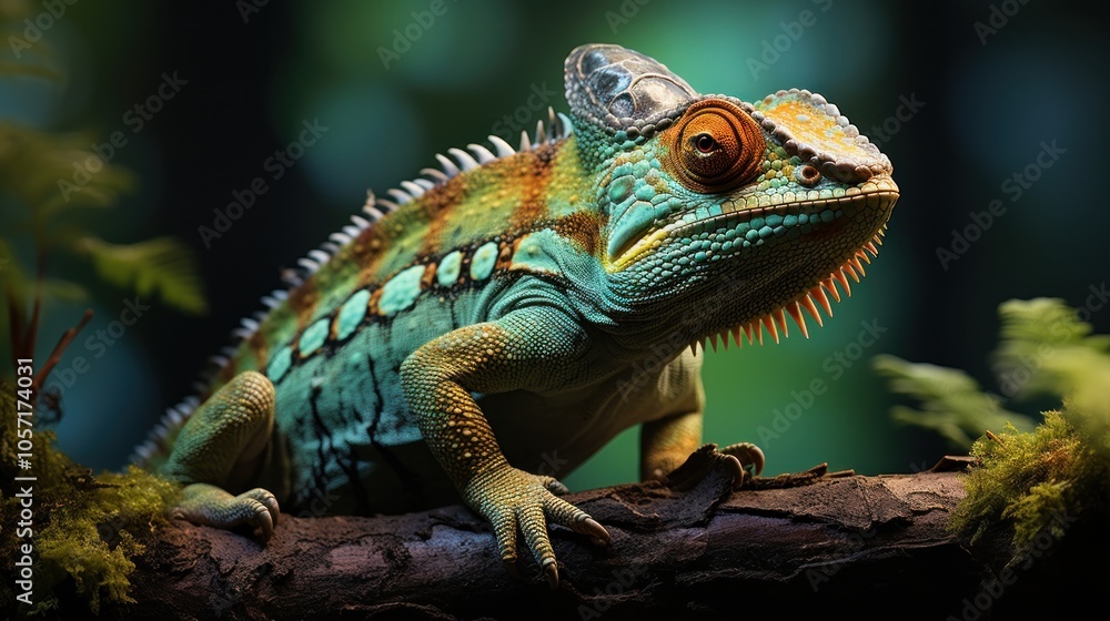 A vibrant lizard perched on a branch in a lush, green environment. A vibrant lizard perched on a branch in a lush, green environment.