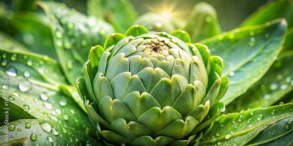 Obraz premium A Dew-Kissed Artichoke Bud, Basking in the Morning Sun, Its Green Scales Glimmering with Moisture