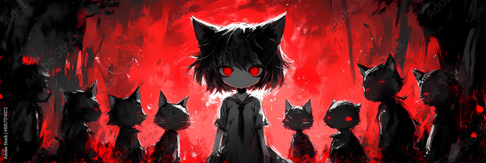 Kawaii Chibi in a Dark Horror Scene: Black and White Manga Art Kawaii Chibi in a Dark Horror Scene: Black and White Manga Art