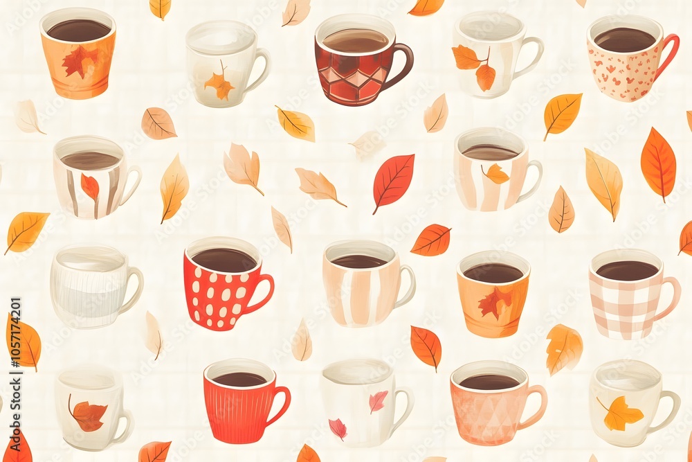 Autumn Coffee Cups Pattern Warm Drink Fall Leaves Seamless Design Autumn Coffee Cups Pattern Warm Drink Fall Leaves Seamless Design