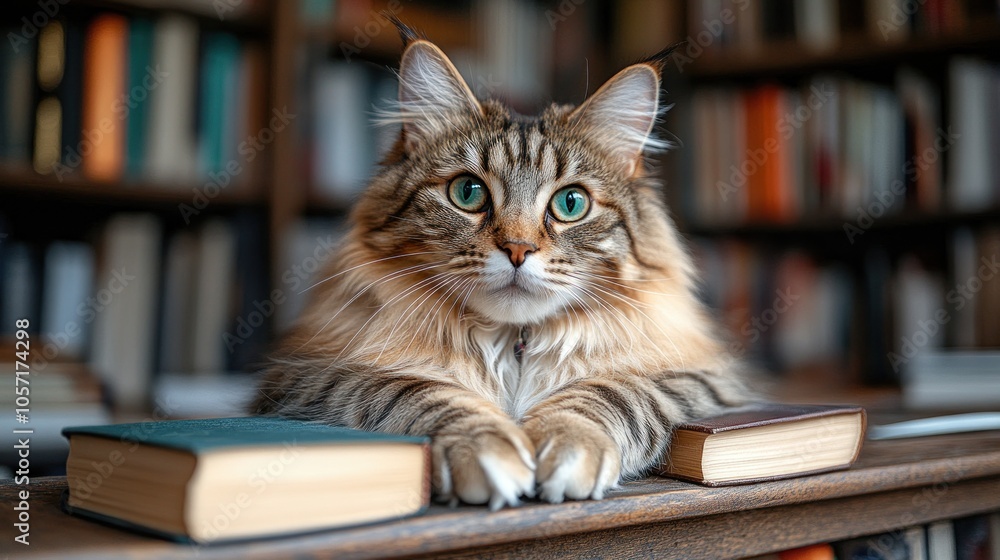 A cat resting on a table surrounded by books in a library. A cat resting on a table surrounded by books in a library.