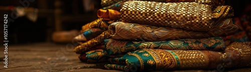 A pile of colorful fabrics with gold and silver designs