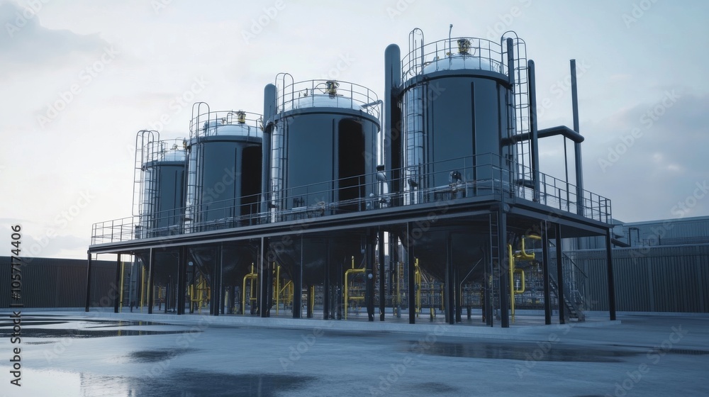 Carbon capture tanks with oil processing units, industrial innovation, environmental solution, clean tech, modern look Carbon capture tanks with oil processing units, industrial innovation, environmental solution, clean tech, modern look