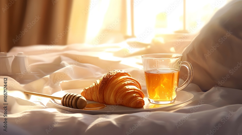 Delicious Breakfast with Tea Croissant and Honey on Bed Delicious Breakfast with Tea Croissant and Honey on Bed