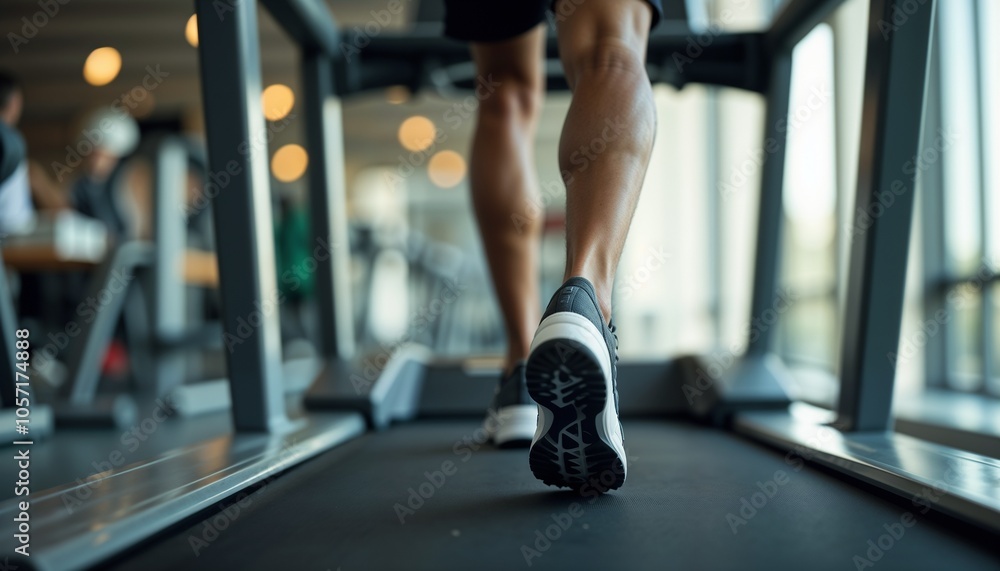 Close-up of a person running on a treadmill in a gym environment
