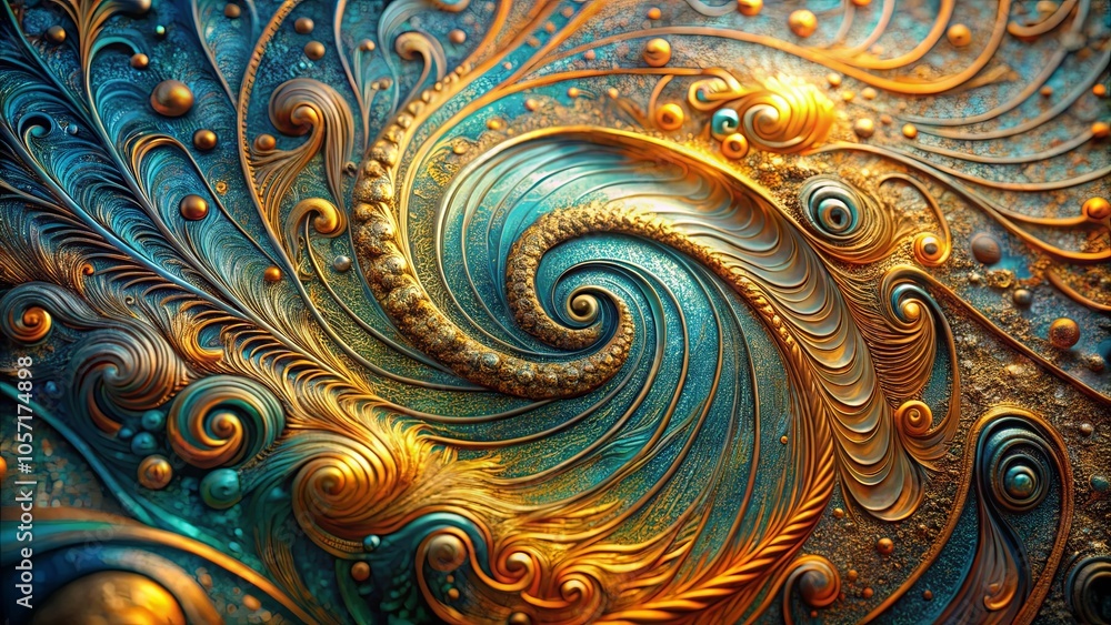 A Symphony of Golden Filigree and Teal Swirls, Intertwined in a Dance of Opulent Detail A Symphony of Golden Filigree and Teal Swirls, Intertwined in a Dance of Opulent Detail