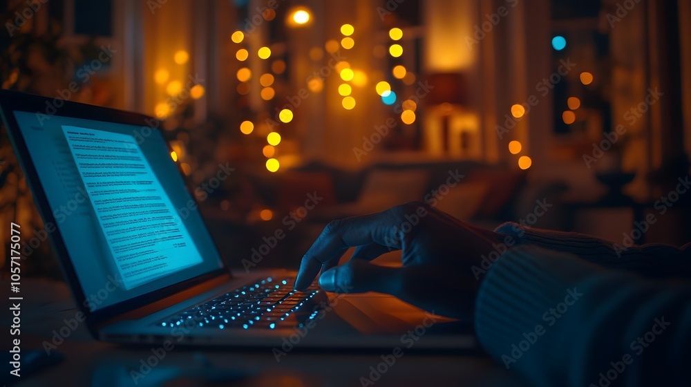 A person typing on a laptop in a cozy, illuminated room at night. A person typing on a laptop in a cozy, illuminated room at night.