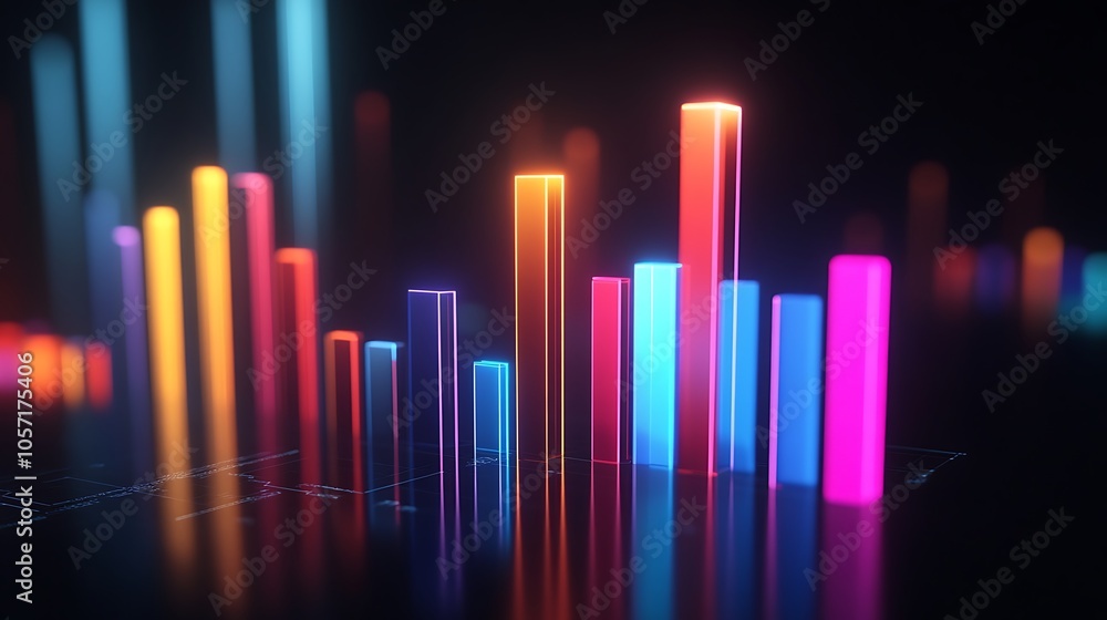 A vibrant 3D bar graph with glowing colors, representing data visualization and analytics. A vibrant 3D bar graph with glowing colors, representing data visualization and analytics.