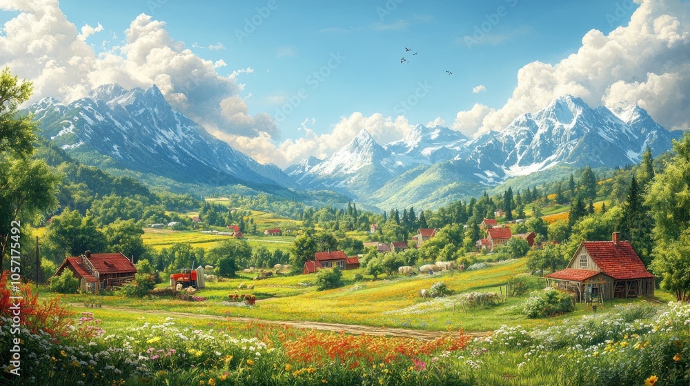 Naklejka premium Scenic landscape with mountains, fields, and quaint houses.