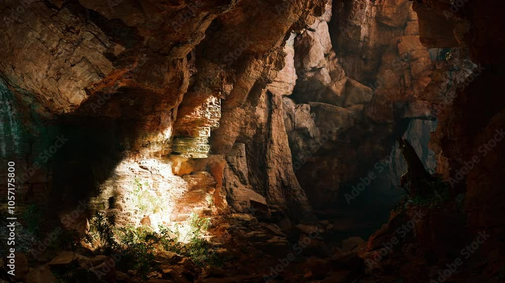 A mysterious cave illuminated by a beam of light