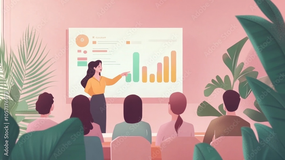 Vector illustration of a business presentation: A woman leads a detailed data discussion, enhanced by a pastel color scheme and modern office decor Vector illustration of a business presentation: A woman leads a detailed data discussion, enhanced by a pastel color scheme and modern office decor