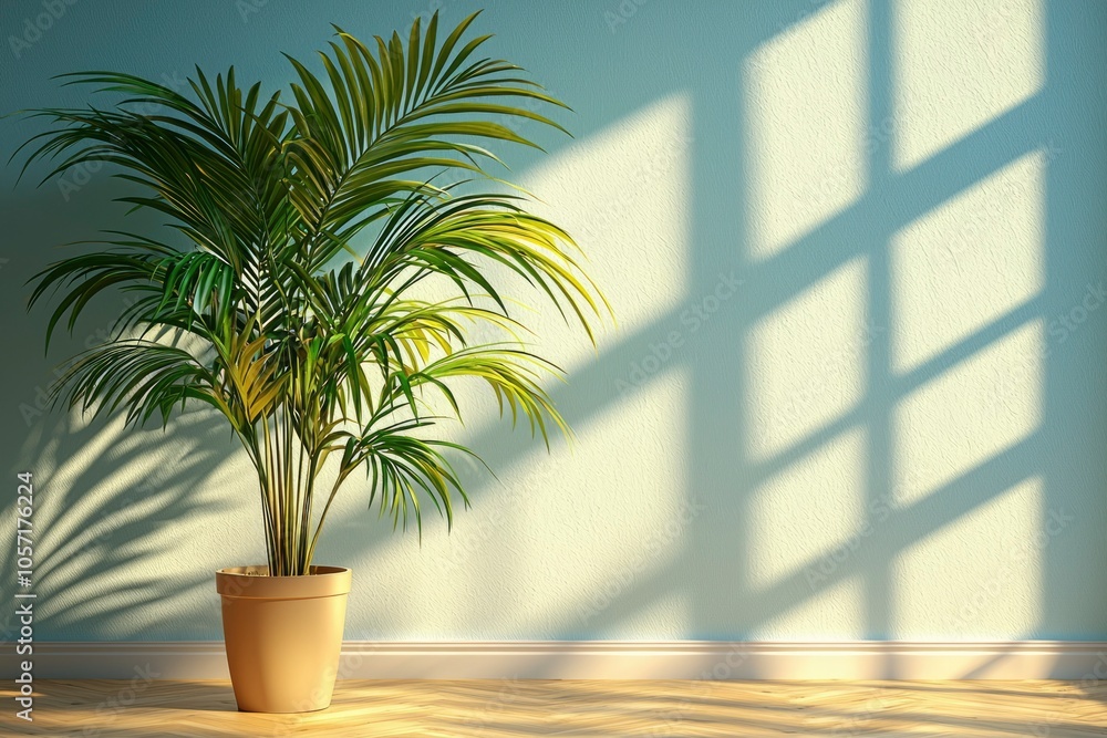 Fototapeta premium A potted palm tree with green leaves in a sunlit room with wood flooring.