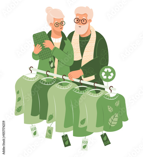 Happy couple of elderly woman and man. Sustainable Fashion, eco-friendly apparel. Cute shoppers choosing on sale fashionable clothes sweaters made from recycled material. Vector illustration