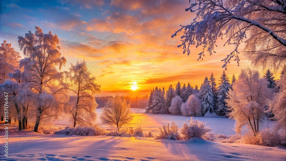 Golden Hour Glow Illuminates a Frosty Winter Landscape, Embracing a Serene Forest with Sun-Kissed Snow and a Breathtaking Sky Golden Hour Glow Illuminates a Frosty Winter Landscape, Embracing a Serene Forest with Sun-Kissed Snow and a Breathtaking Sky