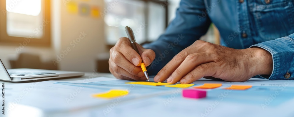 A focused individual writes on a blueprint, using colorful sticky notes and a pen, with a laptop nearby, reflecting creativity and planning. A focused individual writes on a blueprint, using colorful sticky notes and a pen, with a laptop nearby, reflecting creativity and planning.