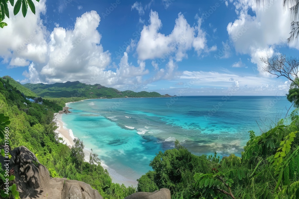 Lush Tropical Island Coastline with Turquoise Waters and White Sandy Beach Lush Tropical Island Coastline with Turquoise Waters and White Sandy Beach