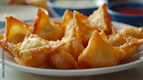 A plate of crispy, golden dumplings filled with savory ingredients, served with dipping sauces.