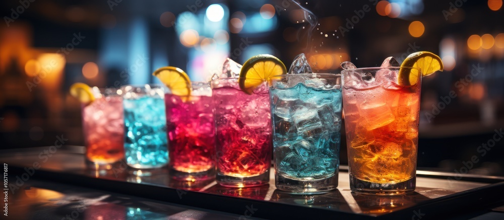 A vibrant display of colorful cocktails with ice and citrus garnishes on a bar tray. A vibrant display of colorful cocktails with ice and citrus garnishes on a bar tray.