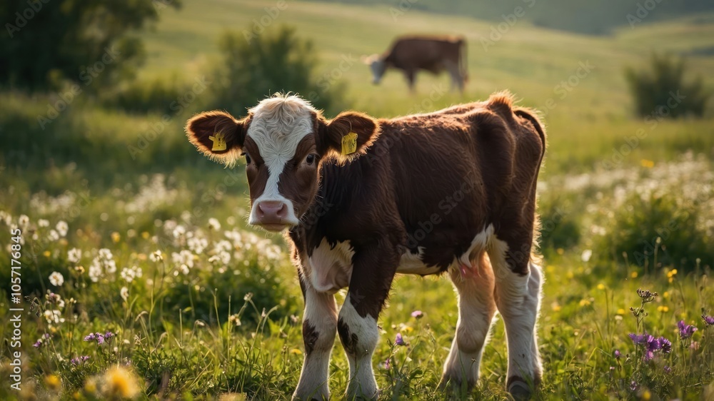 A young calf stands in a lush green field, with another cow grazing in the background. A young calf stands in a lush green field, with another cow grazing in the background.