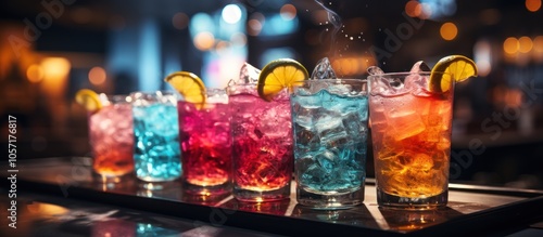 A vibrant display of colorful cocktails with ice and citrus garnishes on a bar tray.