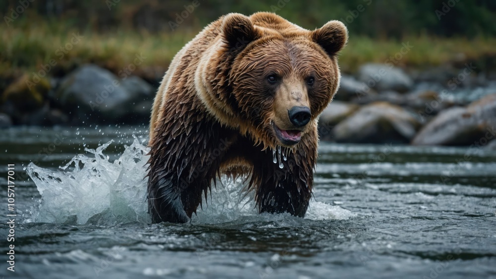 A brown bear wading through water, creating splashes, in a natural setting. A brown bear wading through water, creating splashes, in a natural setting.