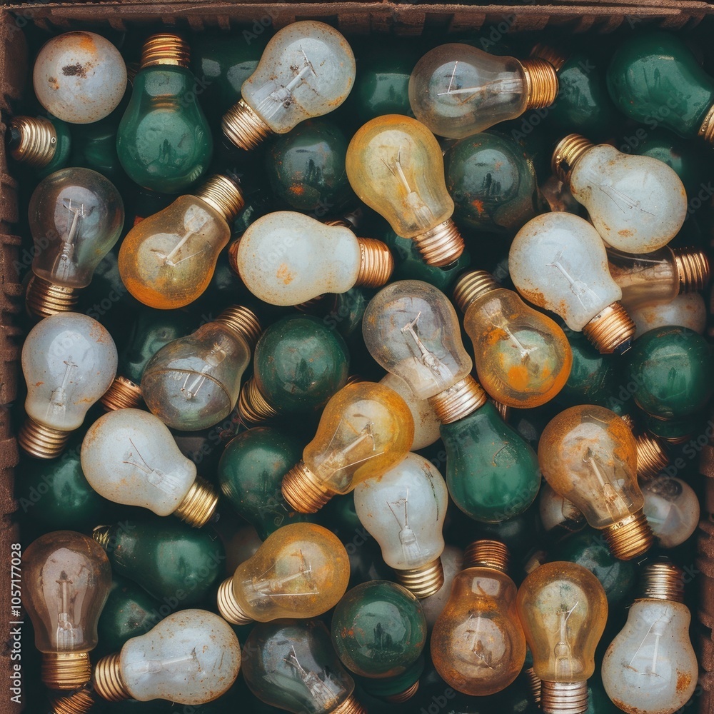 A collection of assorted light bulbs in various colors and conditions, packed closely together, showcasing a blend of vintage and worn designs. A collection of assorted light bulbs in various colors and conditions, packed closely together, showcasing a blend of vintage and worn designs.