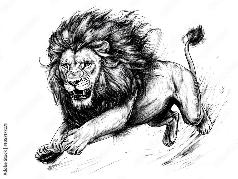 Obraz premium Running lion sketch, dynamic movement, white isolate background