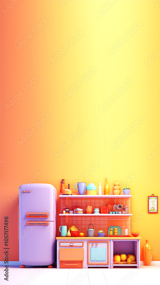 A vibrant cartoon-style vertical banner depicting a cheerful kitchen scene filled with bright yellow accents. colorful refrigerator adorned with fun magnets and a matching stove with a playful design