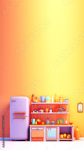 Obraz na płótnie A vibrant cartoon-style vertical banner depicting a cheerful kitchen scene filled with bright yellow accents. colorful refrigerator adorned with fun magnets and a matching stove with a playful design w salonie
