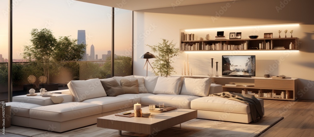 Modern living room with a cozy sofa, warm lighting, and a city view at sunset. Modern living room with a cozy sofa, warm lighting, and a city view at sunset.